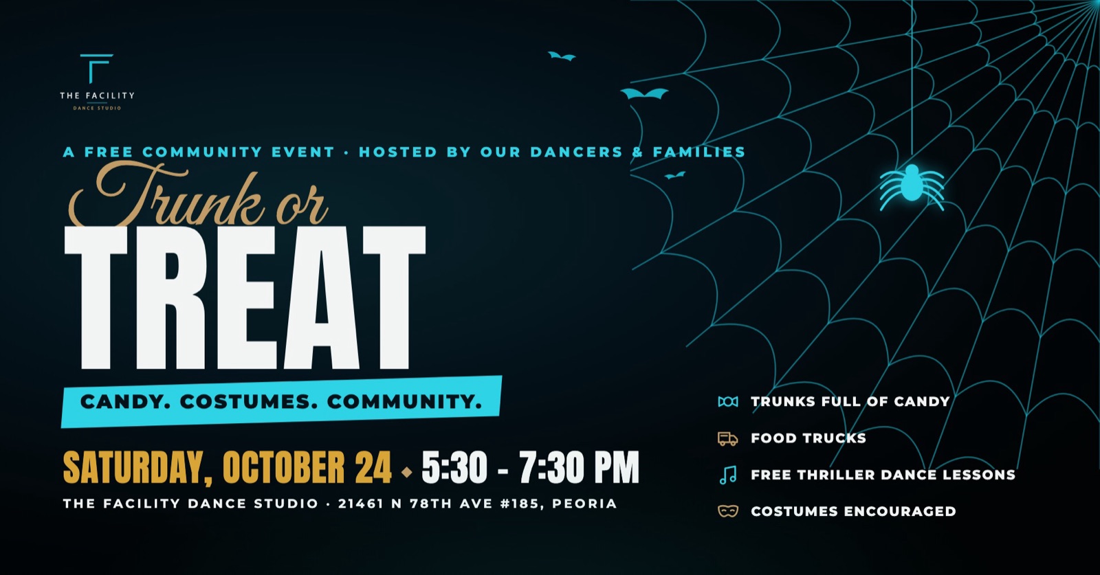Trunk or Treat at The Facility: Saturday, October 24, 5:30 to 7:30 pm. Trunks full of candy, food trucks, free Thriller dance lessons, costumes encouraged.