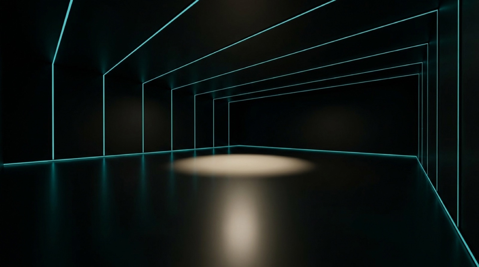 Studio 3, an all-black studio lit with teal LED light